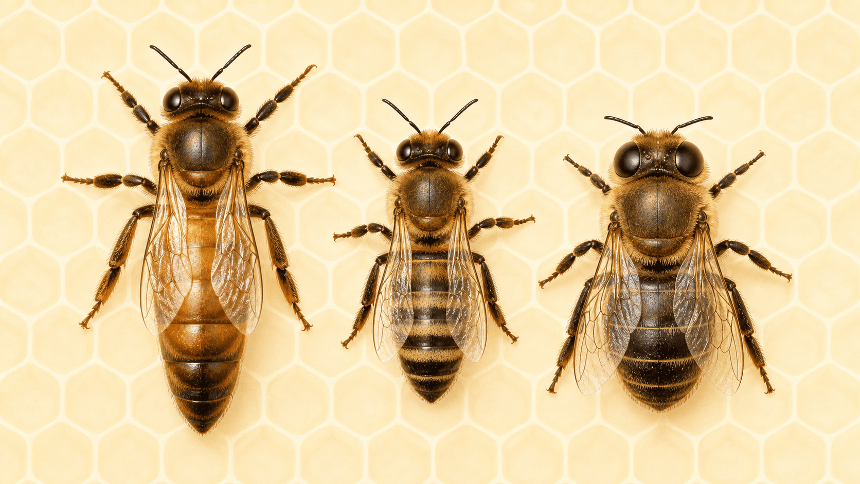 Illustration comparing queen bee, worker bee, and drone bee body shapes